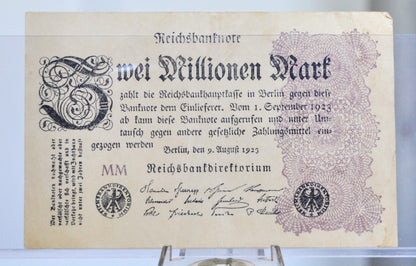 1923 Germany 2 Million Mark Note - Reichsbanknote - No Serial Number - Star Watermark - 1923 German Two Million Marks Inflation Note- P#104a