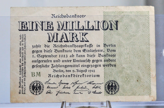 1923 Germany 1 Million Mark Note - Reichsbanknote - No Serial Number - Star Watermark - 1923 German One Million Marks Inflation Note- P#102a