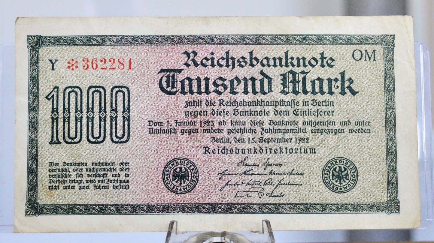 1922 Germany 1000 Mark Star Banknote - Reichsbanknote - Rarer Star Note - Wavy Lines Watermark - 1922 Star One Thousand Mark Note - P#76g*