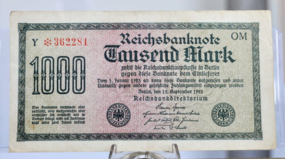 1922 Germany 1000 Mark Star Banknote - Reichsbanknote - Rarer Star Note - Wavy Lines Watermark - 1922 Star One Thousand Mark Note - P#76g*