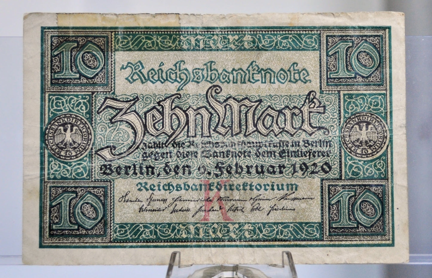 1920 Germany 10 Mark Banknote - Reichsbanknote - K Underprint - WWI Era German Note - 1920 German Zehn Ten Mark Note - P#67a