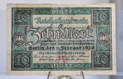 1920 Germany 10 Mark Banknote - Reichsbanknote - K Underprint - WWI Era German Note - 1920 German Zehn Ten Mark Note - P#67a