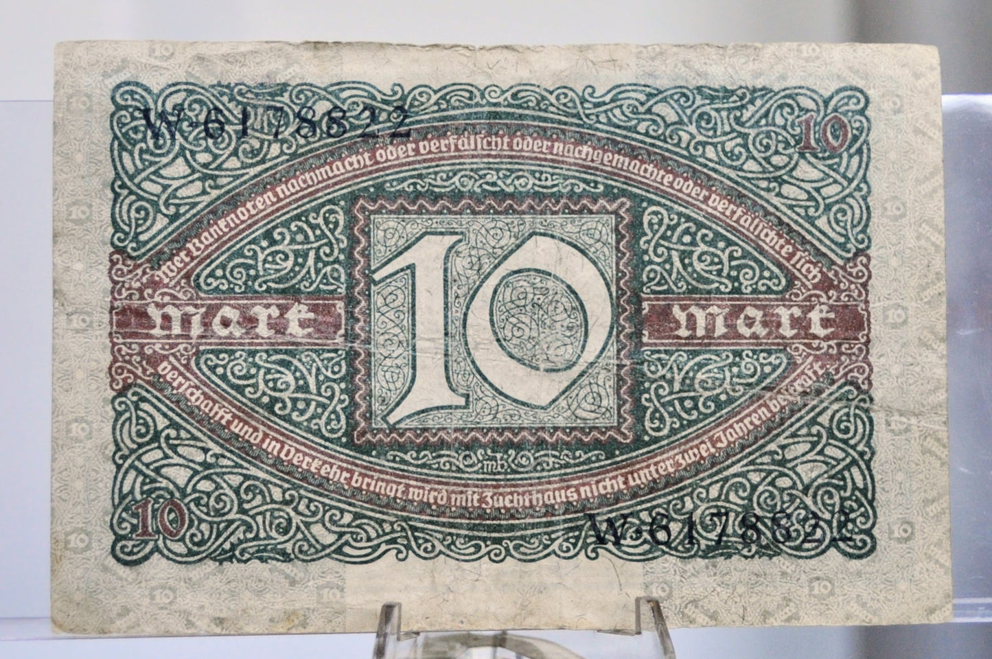 1920 Germany 10 Mark Banknote - Reichsbanknote - K Underprint - WWI Era German Note - 1920 German Zehn Ten Mark Note - P#67a