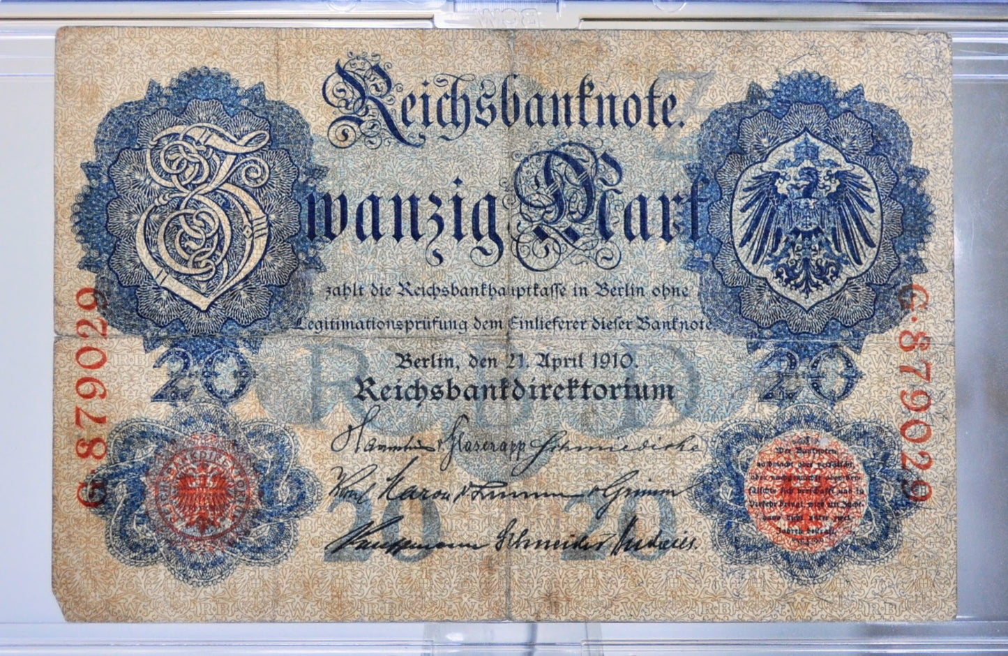 1910 Germany 20 Mark Banknote - Reichsbanknote - Rarer 6 Digit Serial Number - 1910 Twenty Marks German Empire Note - P#40a