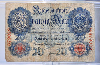 1910 Germany 20 Mark Banknote - Reichsbanknote - Rarer 6 Digit Serial Number - 1910 Twenty Marks German Empire Note - P#40a