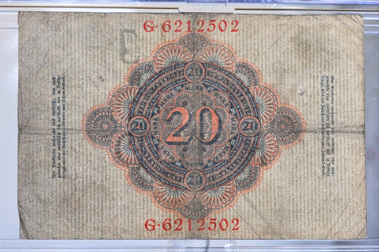 1910 Germany 20 Mark Banknote - Reichsbanknote - 7-Digit Serial Number - 1910 Twenty Marks German Empire Note - P#40b