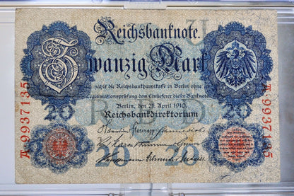 1910 Germany 20 Mark Banknote - Reichsbanknote - 7-Digit Serial Number - 1910 Twenty Marks German Empire Note - P#40b