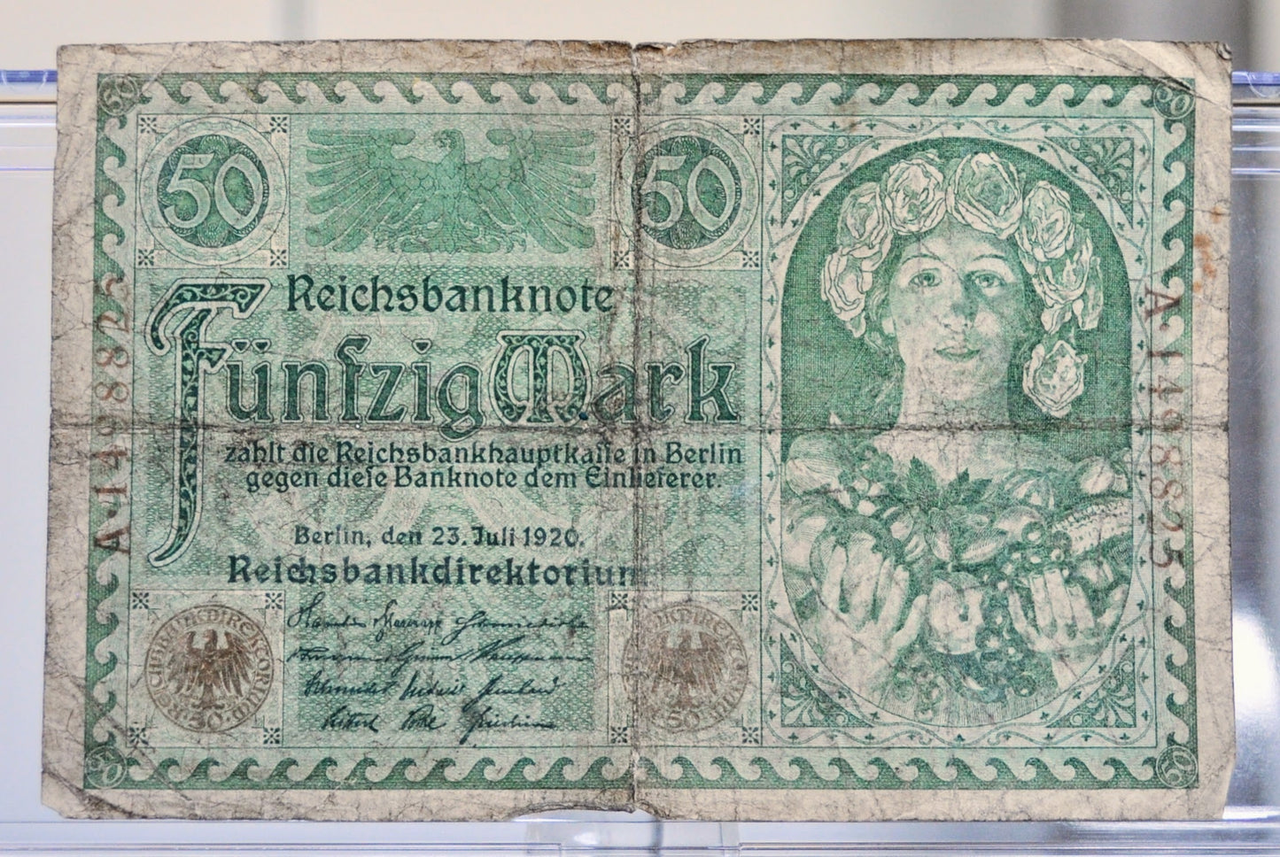 1920 Germany 50 Mark Banknote - Reichsbanknote - Stunning Green Design- WWI Era German Note - 1920 German Funfzig Fifty Mark Note - P#68