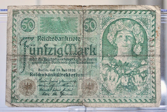 1920 Germany 50 Mark Banknote - Reichsbanknote - Stunning Green Design- WWI Era German Note - 1920 German Funfzig Fifty Mark Note - P#68