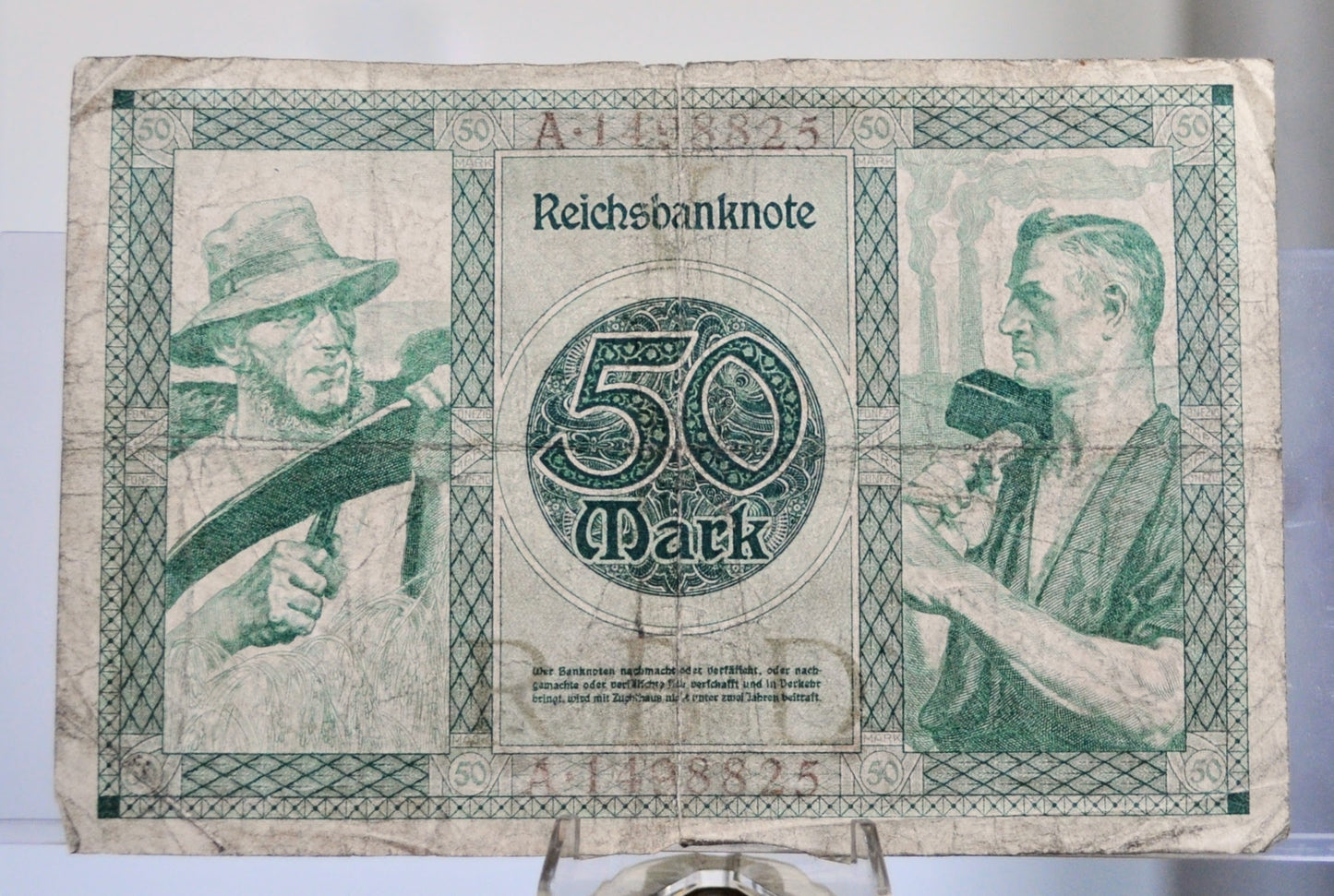 1920 Germany 50 Mark Banknote - Reichsbanknote - Stunning Green Design- WWI Era German Note - 1920 German Funfzig Fifty Mark Note - P#68