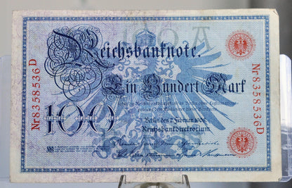 1908 German 100 Mark Banknote - Reichsbanknote - Red Seal Issue - 29mm Serial Number Type - 1908 Germany One Hundred Mark Note - P#33a