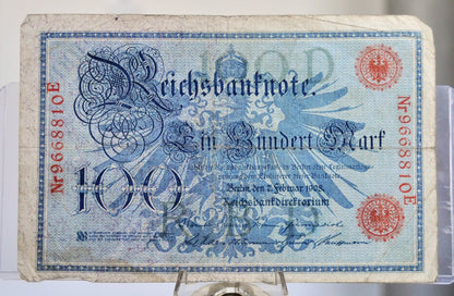 1908 German 100 Mark Banknote - Reichsbanknote - Red Seal Issue - 29mm Serial Number Type - 1908 Germany One Hundred Mark Note - P#33a