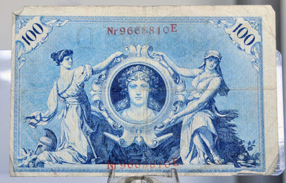 1908 German 100 Mark Banknote - Reichsbanknote - Red Seal Issue - 29mm Serial Number Type - 1908 Germany One Hundred Mark Note - P#33a