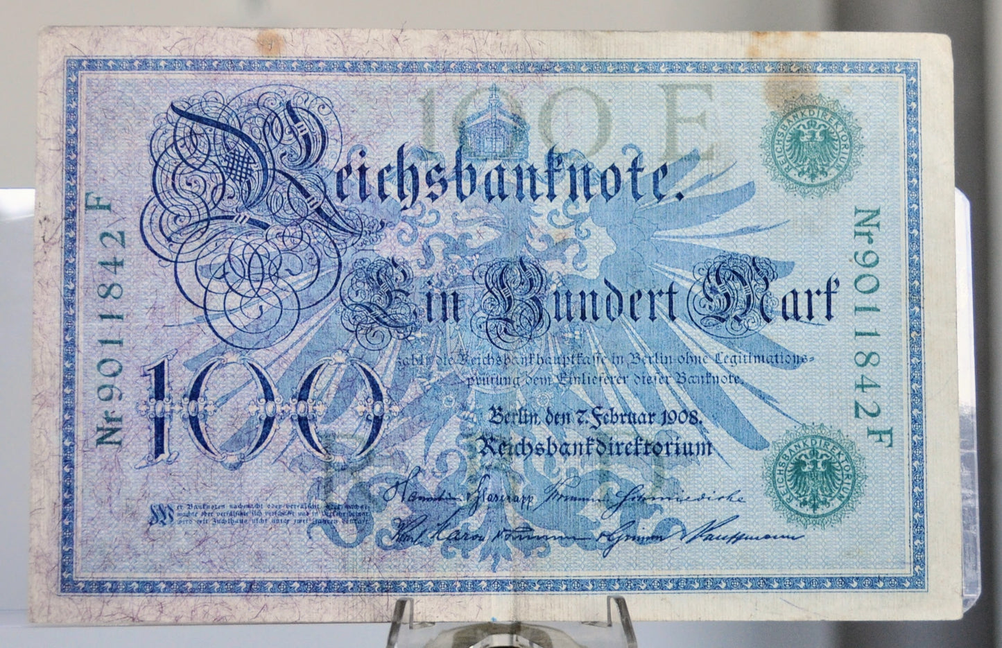 1908 German 100 Mark Banknote - Reichsbanknote - Green Seal Issue, 2nd Printing - 1908 Germany One Hundred Mark Note - P#34