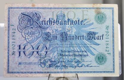 1908 German 100 Mark Banknote - Reichsbanknote - Green Seal Issue, 2nd Printing - 1908 Germany One Hundred Mark Note - P#34