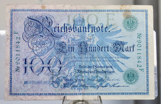 1908 German 100 Mark Banknote - Reichsbanknote - Green Seal Issue, 2nd Printing - 1908 Germany One Hundred Mark Note - P#34