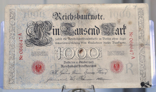 RARE 1903 German 1000 Mark Banknote - Reichsbanknote - Rare Early Date, Red Seal - Pre-WWI Germany - 1903 One Thousand Mark Note - P#23