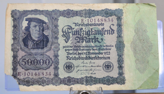 1922 Germany 50,000 Mark Banknote - Reichsbanknote - Very Fine (VF) - Post-WWI German Inflation - 1922 Fifty Thousand Mark Note - P#80