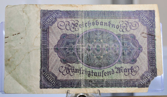 1922 Germany 50,000 Mark Banknote - Reichsbanknote - Very Fine (VF) - Post-WWI German Inflation - 1922 Fifty Thousand Mark Note - P#80