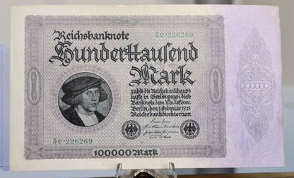 1923 Germany 100,000 Mark Banknote - Reichsbanknote - Inflation Note - 6-Digit Serial - 1923 One Hundred Thousand Marks Note - P#83a.1