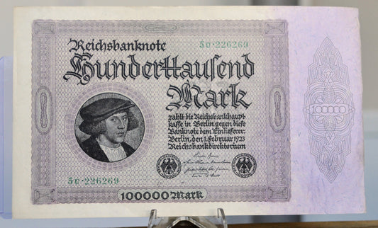 1923 Germany 100,000 Mark Banknote - Reichsbanknote - Inflation Note - 6-Digit Serial - 1923 One Hundred Thousand Marks Note - P#83a.1