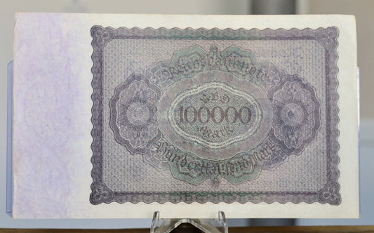 1923 Germany 100,000 Mark Banknote - Reichsbanknote - Inflation Note - 8-Digit Serial - 1923 One Hundred Thousand Marks Note - P#83a.2