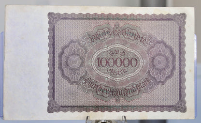 1923 Germany 100,000 Mark Banknote - Reichsbanknote - Inflation Note - 8-Digit Serial - 1923 One Hundred Thousand Marks Note - P#83a.2