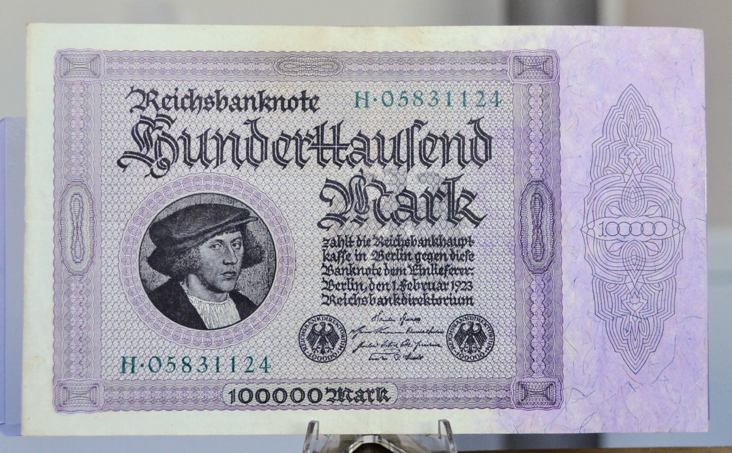 1923 Germany 100,000 Mark Banknote - Reichsbanknote - Inflation Note - 8-Digit Serial - 1923 One Hundred Thousand Marks Note - P#83a.2