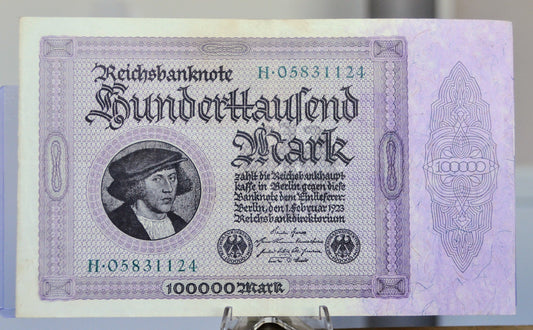 1923 Germany 100,000 Mark Banknote - Reichsbanknote - Inflation Note - 8-Digit Serial - 1923 One Hundred Thousand Marks Note - P#83a.2