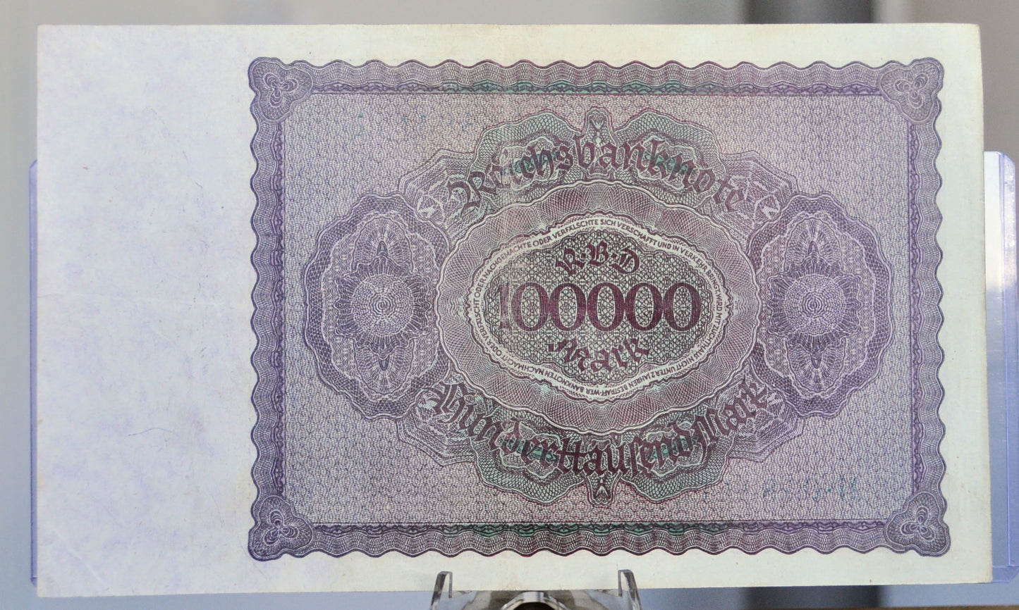 1923 Germany 100,000 Mark Banknote - Reichsbanknote - Inflation Note - 6-Digit Serial - 1923 One Hundred Thousand Marks Note - P#83a.1