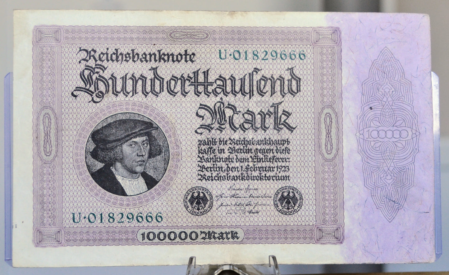 1923 Germany 100,000 Mark Banknote - Reichsbanknote - Inflation Note - 8-Digit Serial - 1923 One Hundred Thousand Marks Note - P#83a.2
