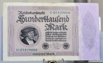 1923 Germany 100,000 Mark Banknote - Reichsbanknote - Inflation Note - 8-Digit Serial - 1923 One Hundred Thousand Marks Note - P#83a.2