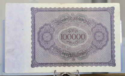 1923 Germany 100,000 Mark Banknote - Reichsbanknote - Inflation Note - 6-Digit Serial - 1923 One Hundred Thousand Marks Note - P#83a.1