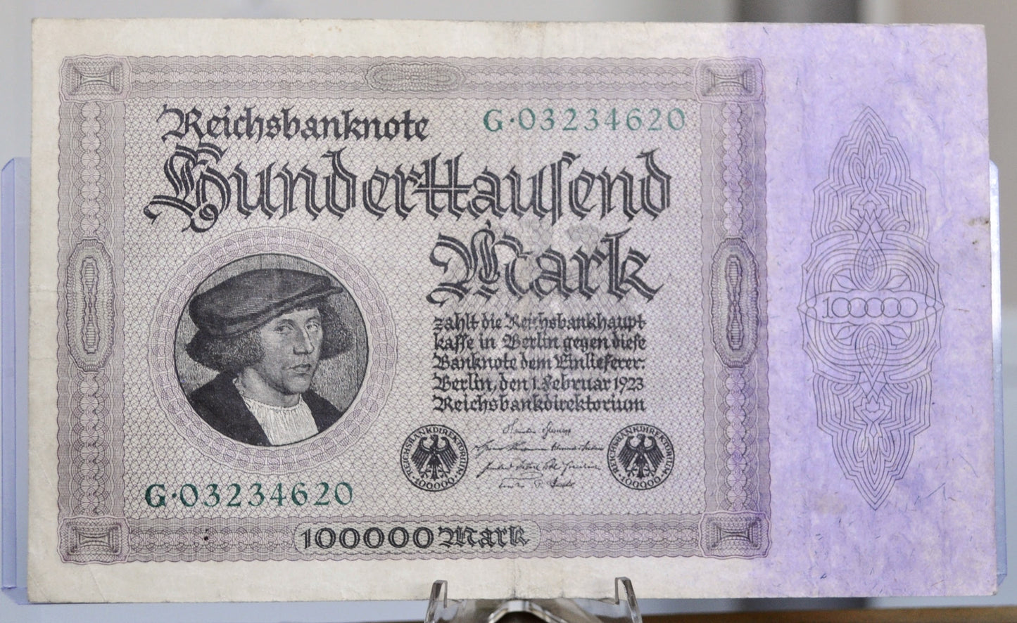 1923 Germany 100,000 Mark Banknote - Reichsbanknote - Inflation Note - 8-Digit Serial - 1923 One Hundred Thousand Marks Note - P#83a.2