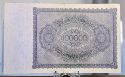 1923 Germany 100,000 Mark Banknote - Reichsbanknote - Inflation Note - 8-Digit Serial - 1923 One Hundred Thousand Marks Note - P#83a.2