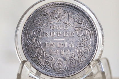 1862 East India Company 1 Rupee - AU Condition, Luster - Type II Reverse - Queen Victoria - East India Company Silver One Rupee 1862