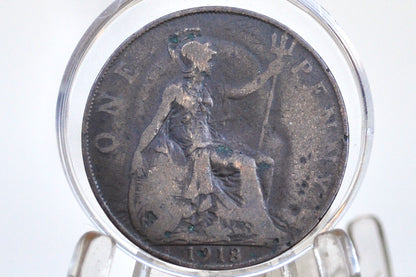 1918-H Great Britain One Penny - Rarer Type - 1918 H UK Penny 1918H England 1 Cent - King George, Bronze, Key Date!