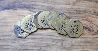 Vintage Brass "VMC 32" Lot of 10 Tags - Lot of Ten Vintage Brass tags from VMC, all labeled '32'