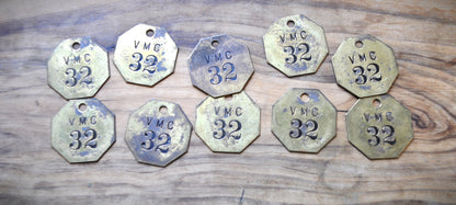 Vintage Brass "VMC 32" Lot of 10 Tags - Lot of Ten Vintage Brass tags from VMC, all labeled '32'