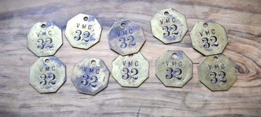 Vintage Brass "VMC 32" Lot of 10 Tags - Lot of Ten Vintage Brass tags from VMC, all labeled '32'