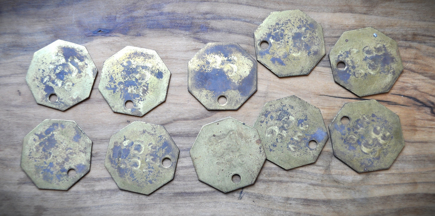 Vintage Brass "VMC 32" Lot of 10 Tags - Lot of Ten Vintage Brass tags from VMC, all labeled '32'