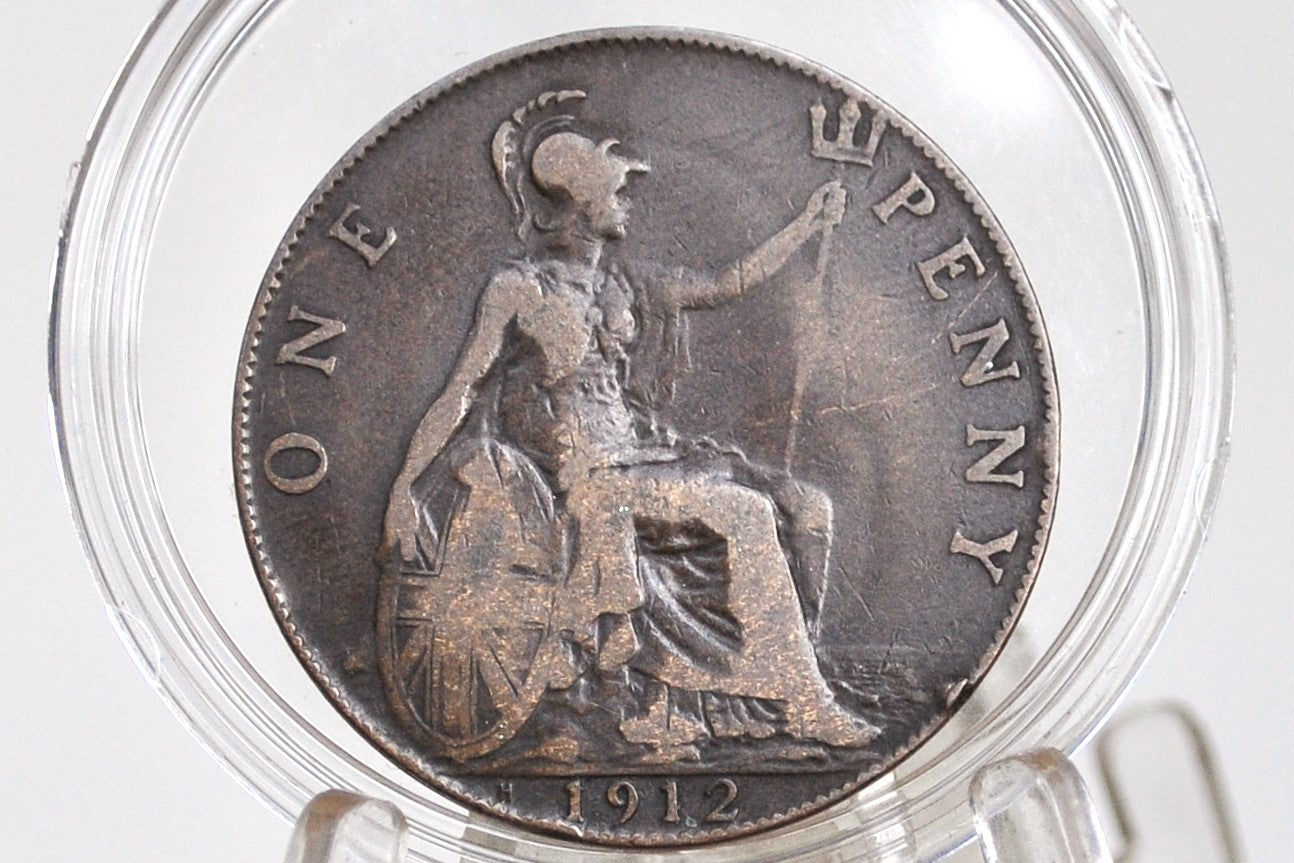 1912-H Great Britain One Penny - Rarer Type - 1912 H UK Penny 1912H England 1 Cent - King George, Bronze, Key Date!