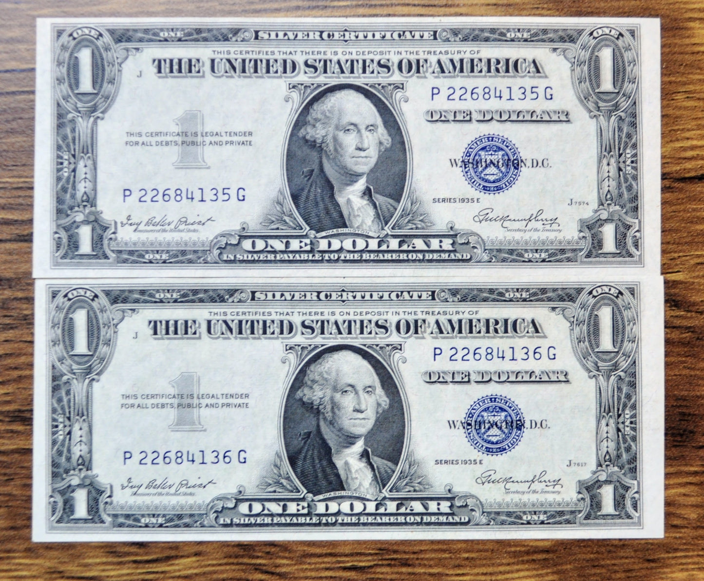 1935 E Silver Cert Consecutive Notes - Sequential Serial Number Pair - 1935E One Dollar Blue Seal Note - Fr#1614