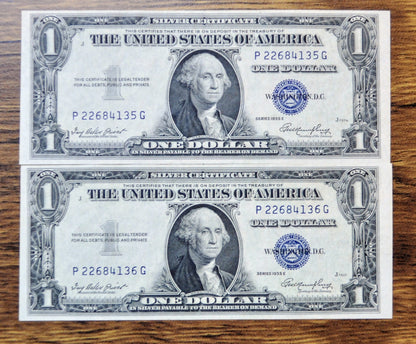 1935 E Silver Cert Consecutive Notes - Sequential Serial Number Pair - 1935E One Dollar Blue Seal Note - Fr#1614