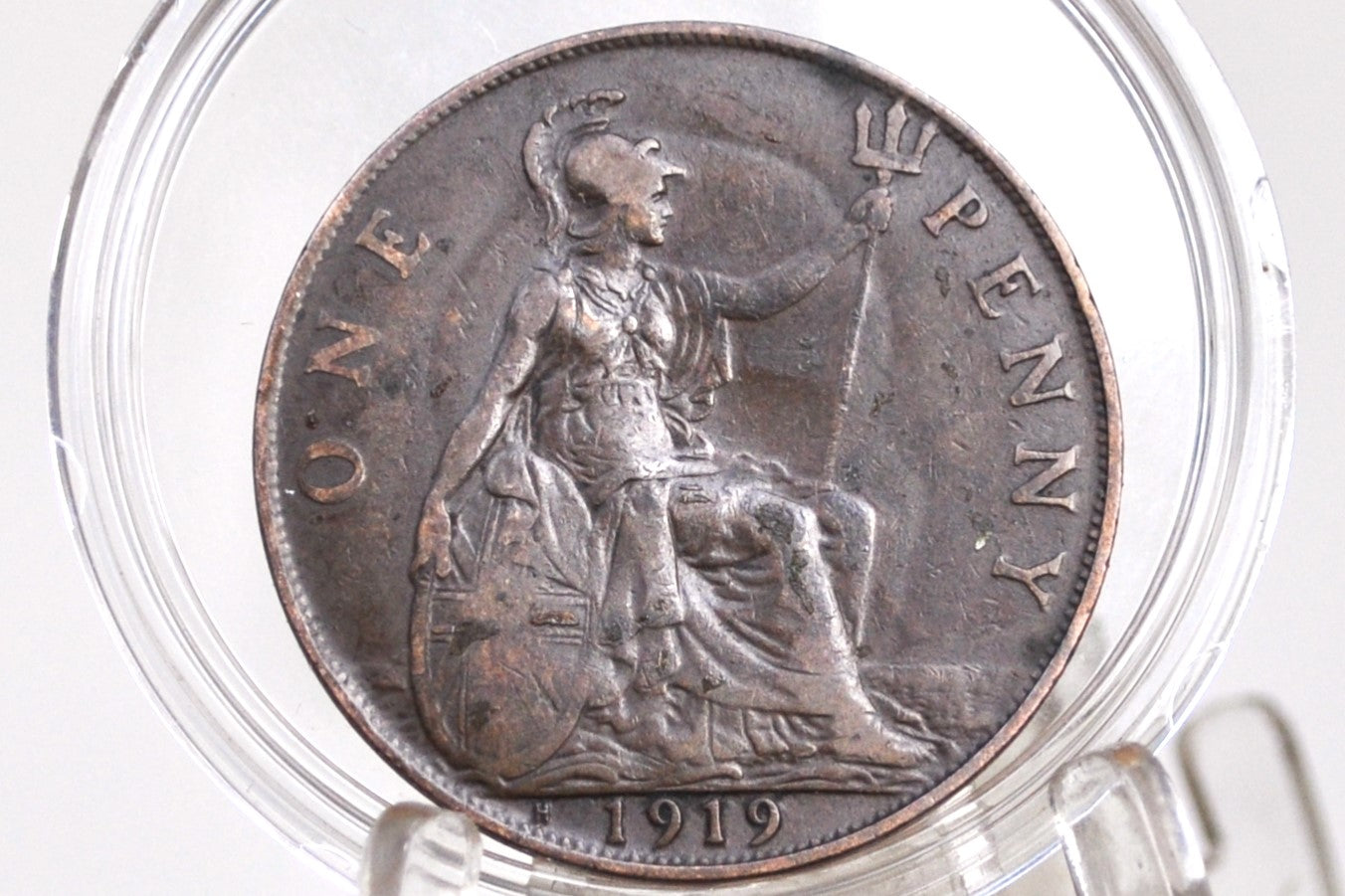 1919-H Great Britain One Penny - Rarer Type - 1919 H UK Penny 1919H England 1 Cent - King George, Bronze, Key Date!