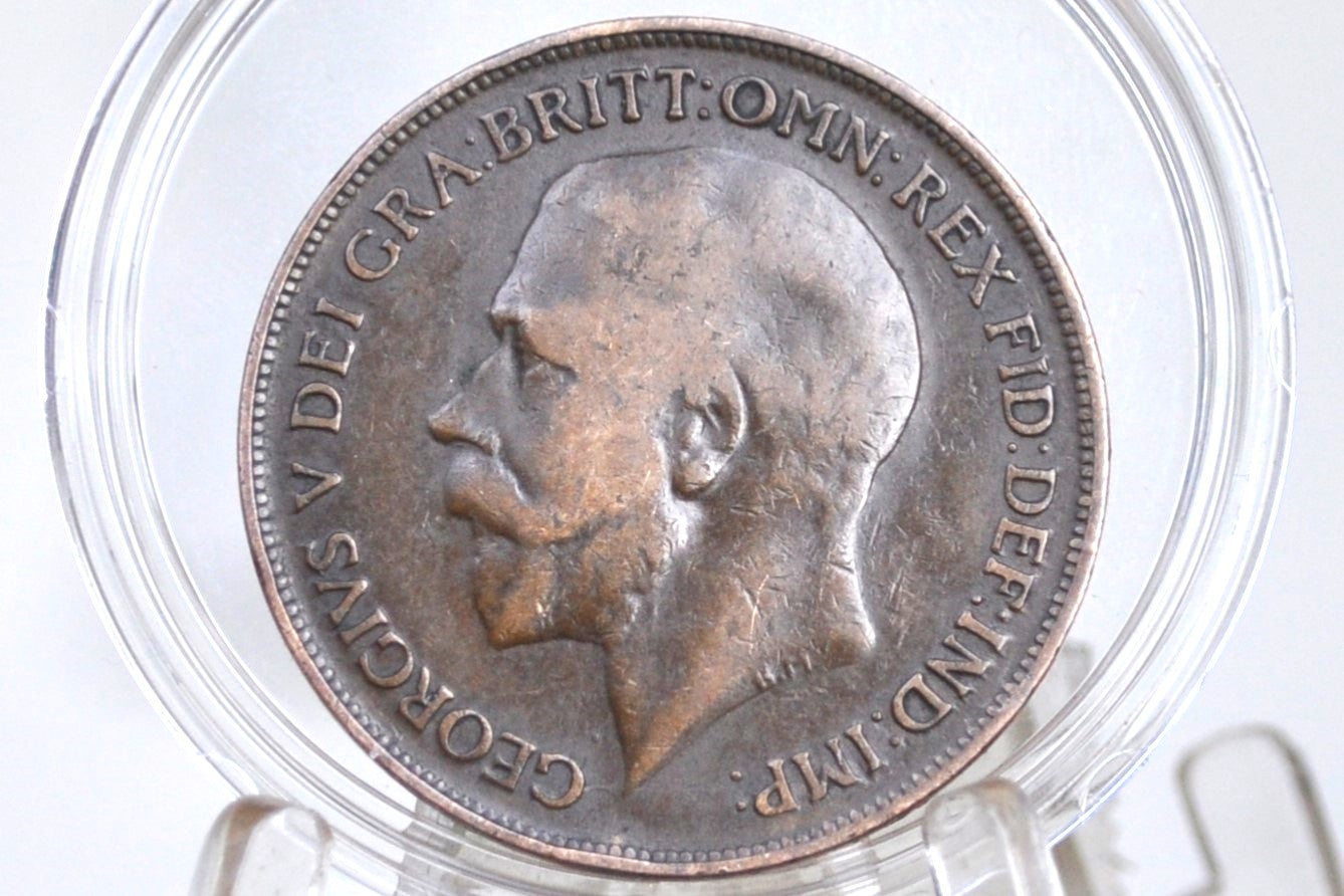 1919-H Great Britain One Penny - Rarer Type - 1919 H UK Penny 1919H England 1 Cent - King George, Bronze, Key Date!