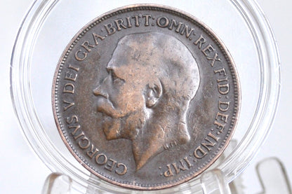 1919-H Great Britain One Penny - Rarer Type - 1919 H UK Penny 1919H England 1 Cent - King George, Bronze, Key Date!