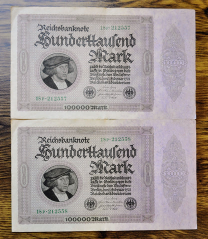 1923 Germany 100,000 Mark Notes - Consecutive Pair - Reichsbanknote - 6-Digit Serial - 1923 One Hundred Thousand Marks Notes - P#83a.1