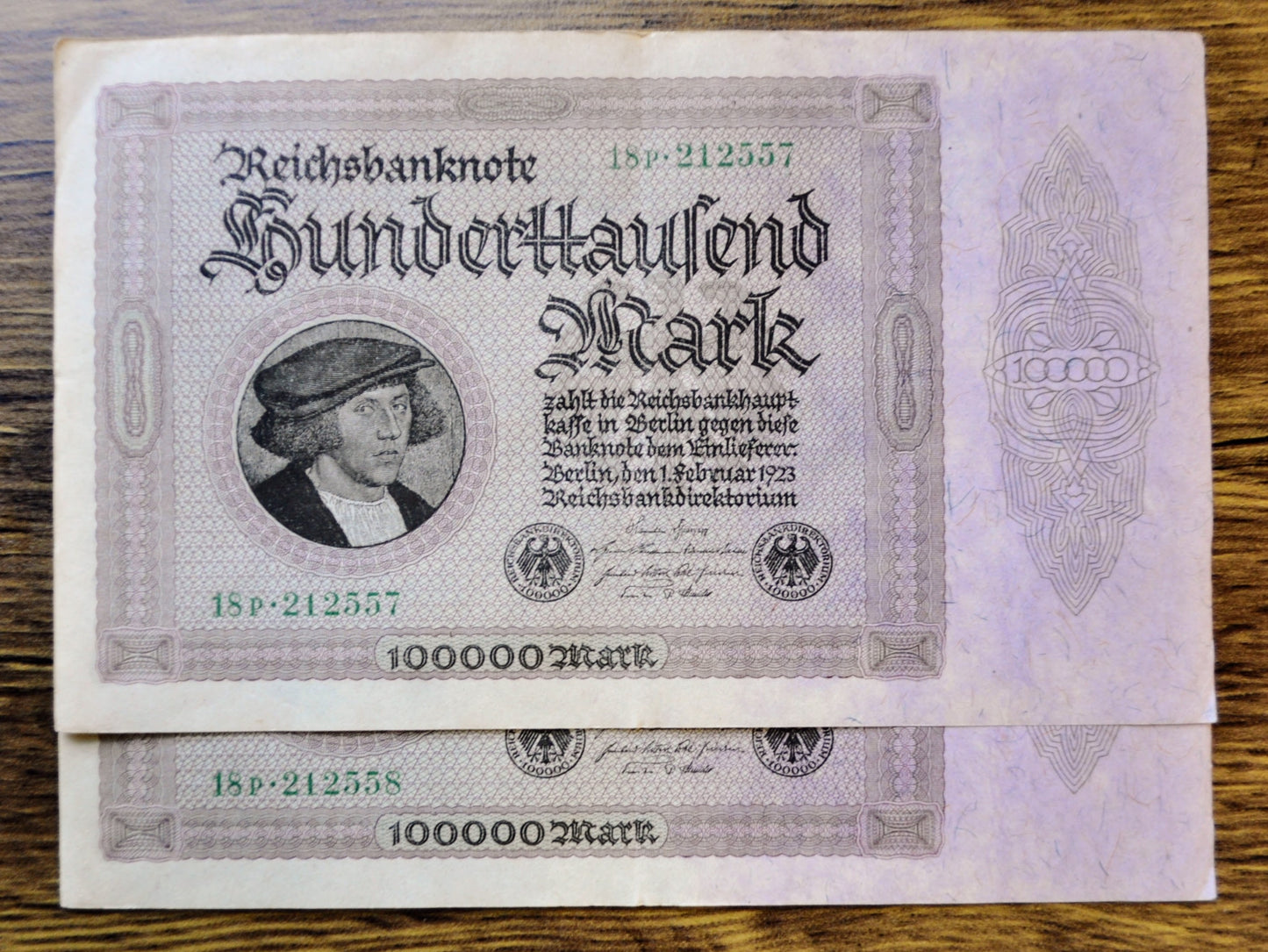 1923 Germany 100,000 Mark Notes - Consecutive Pair - Reichsbanknote - 6-Digit Serial - 1923 One Hundred Thousand Marks Notes - P#83a.1