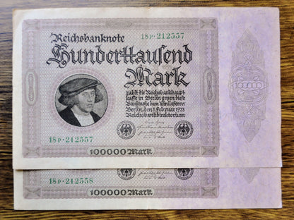1923 Germany 100,000 Mark Notes - Consecutive Pair - Reichsbanknote - 6-Digit Serial - 1923 One Hundred Thousand Marks Notes - P#83a.1